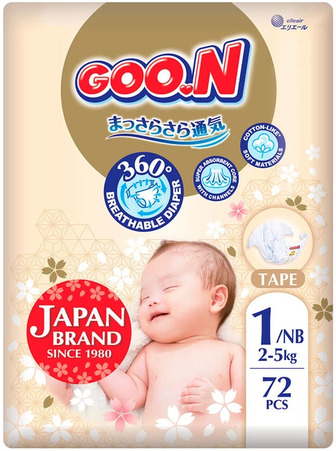 Підгузки Goo.N Premium Soft для немовлят до 5 кг 1 NB на липучках 72 штуки (F1010101-152)