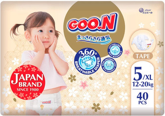 Підгузки Goo.N Premium Soft 12-20 кг Розмір 5 XL На липучках 40 штук (F1010101-150)